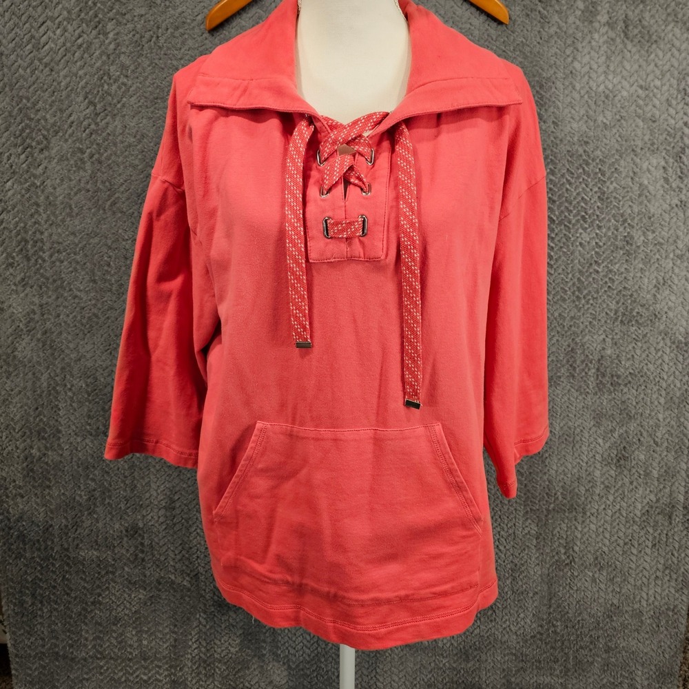 Ruby Rd Womens Coral Pink Lace Up French Terry Pullover Top 3/4 Sleeve Large